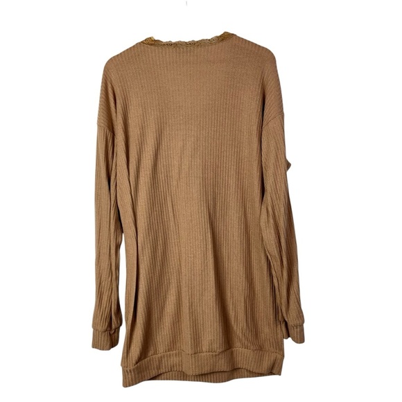 Shein Light Brown Ribbed Lace Scoop Neck Long Sleeve Top L - Picture 2 of 4